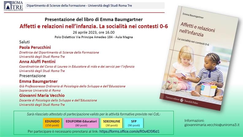 Presentazione libro  Emma Baumgartner - Affetti e relazioni nell’infanzia. La socialità nei contesti 0-6. 26 aprile 2023