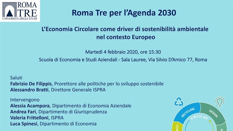 Roma Tre per l’Agenda 2030 – Seminario: L’Economia Circolare come driver di sostenibilità ambientale nel contesto Europeo
