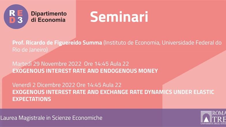 Seminari 29 Novembre e 2 Dicembre: Prof. Ricardo de Figuereido Summa (Instituto de Economia, Universidade Federal do Rio de Janeiro) 