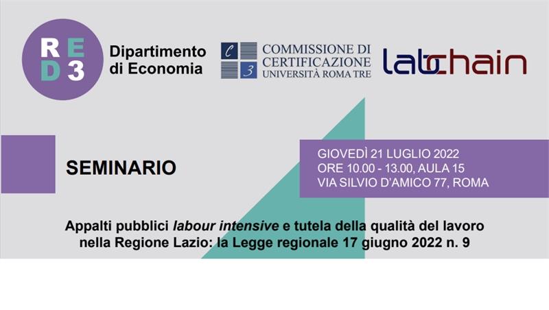 Seminario Appalti pubblici labour intensive e tutela della qualità del lavoro nella Regione Lazio: la Legge regionale 17 giugno 2022 n. 9