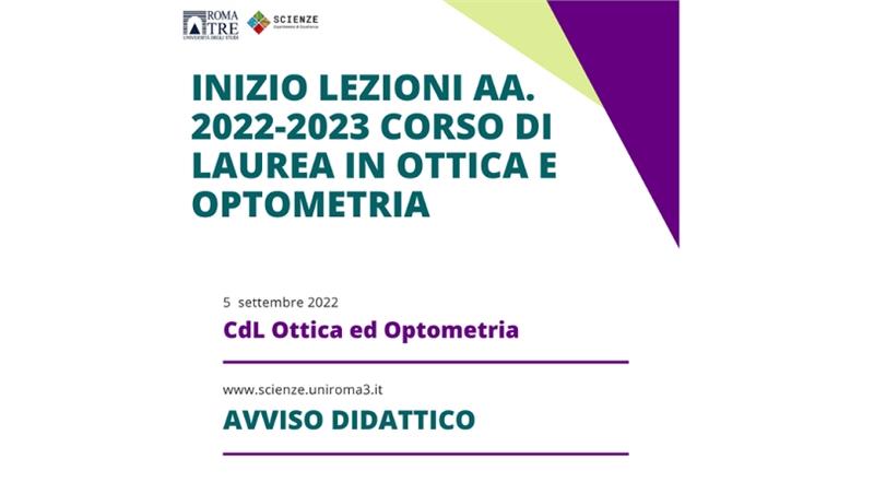 Inizio lezioni aa. 2022-2023 corso di laurea in Ottica e Optometria