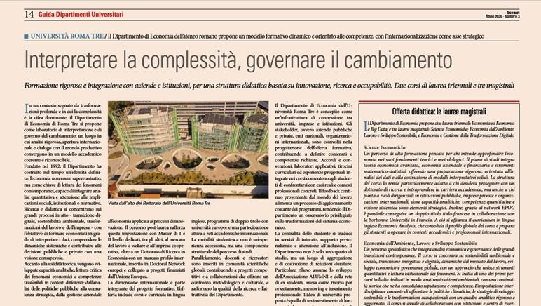 Il Dipartimento di Economia nella guida 2026 de Il Sole 24 Ore sui migliori dipartimenti universitari